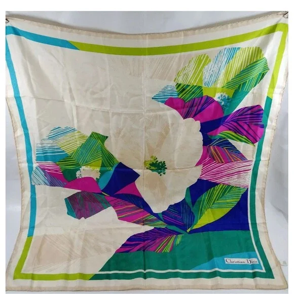 Authentic Vintage Christian Dior 100% Silk Scarf Made in Italy Floral 1980s /100