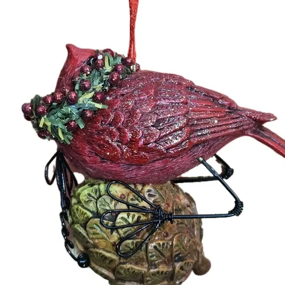 Christmas Cardinal Hanging Ornament  Pinecone Wreath Ribbon Bird‎ Holiday Decor