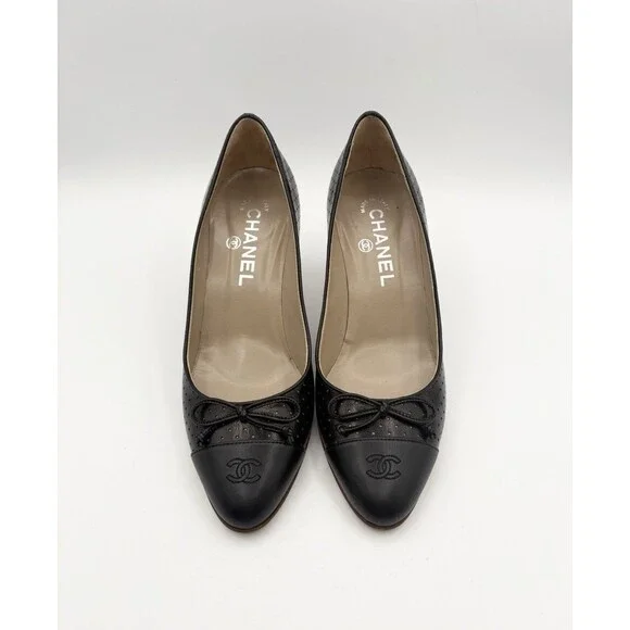 Chanel Black Perforated Leather Heels w/ CC Cap Toe & Bow Accent Size EU 36.5