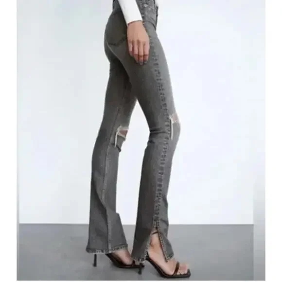 ZARA Split-Hem Skinny Jeans Gray Busted Knees Distressed Y2K Streetwear Sz 4