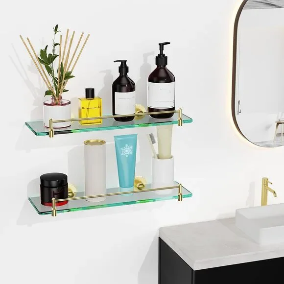 Open Box, Brushed Gold Glass Floating Bathroom Wall Shelf with Railing 16
