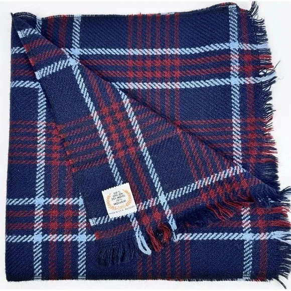 VTG Wool Mohair Unisex Navy Red Tartan Plaid Scarf‎ Classic Preppy Made in USA
