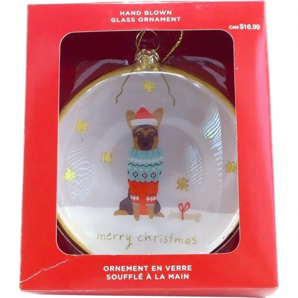 German Shepherd Christmas Ornament Hand Blown Glass Dog in Sweater & Santa‎ Hat