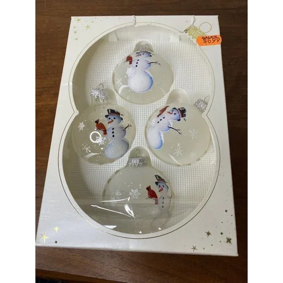 Christmas by Krebs Box Glass Christmas Ornaments White Snowman Snowmen Set 4