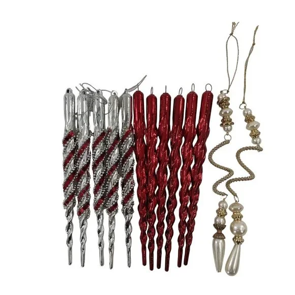 Vintage Christmas Swirl Icicle‎ Red Silver and Beaded Ornaments