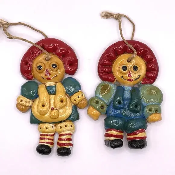 Vintage Raggedy Ann and Andy Salt Dough Christmas Ornaments 4