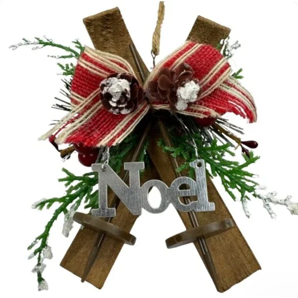 Rustic Noel Christmas Ornament Skis Pinecones Burlap Bow Farmhouse Lodge Cabin