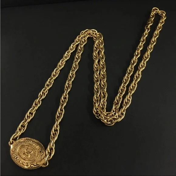 Vintage CHANEL Logo Medallion Necklace Long Oval Arabesque Pendant Necklace