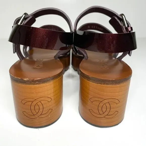 Chanel Burgundy Patent Leather CC Logo Wooden Platform Sandals EU 38 US 7-7.5