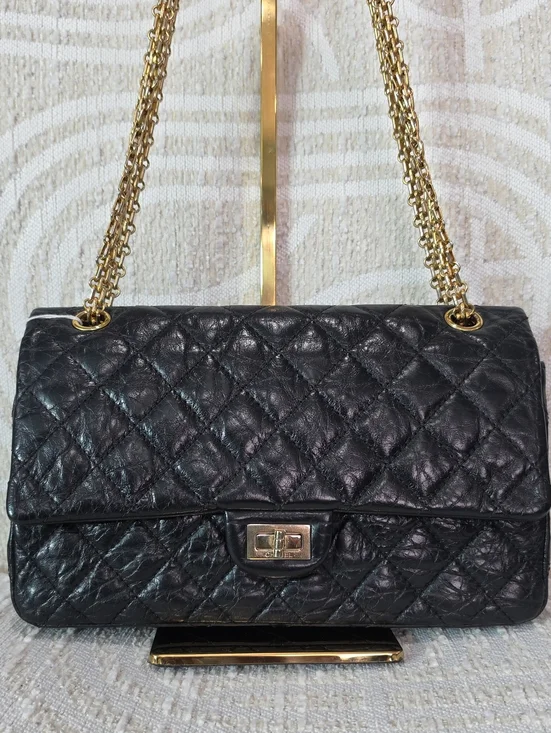 Chanel 2.55 Reissue Double Flap Black Crinkle Leather Shoulder Bag