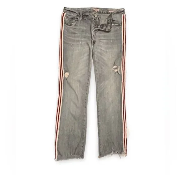 Dear John Blue Denim Cropped Straight Leg Distressed Jeans with Stripes Size 29