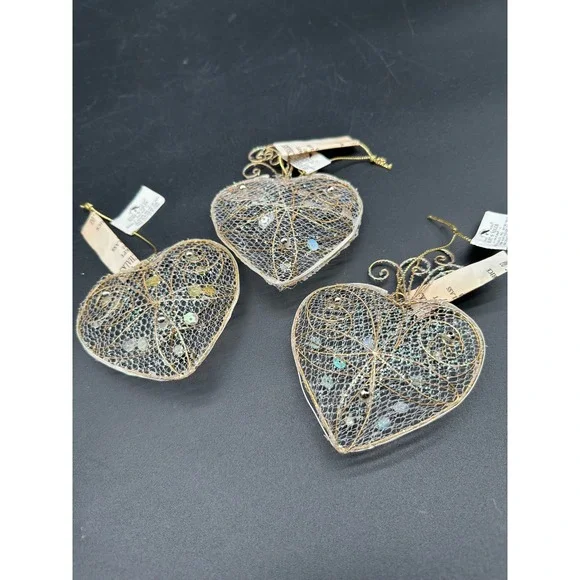 Vintage Gold Wire Mesh Heart Christmas Ornaments Kurt Adler Sequin NEW With Tags