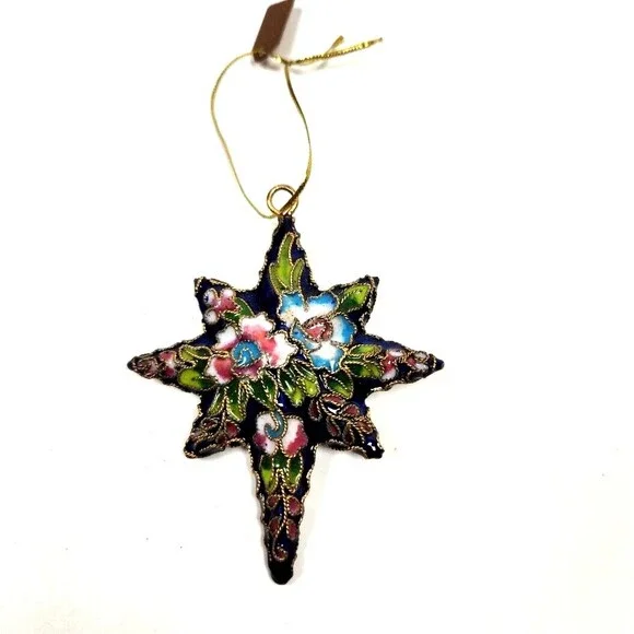 Cloisonne Star Ornament Christmas Discovery Store Blue Floral 3.5 inch Tag