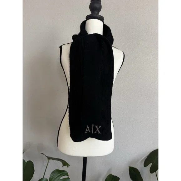 Vintage Armani Exchange Men’s Ribbed Scarf Black 100% Merino Wool 61