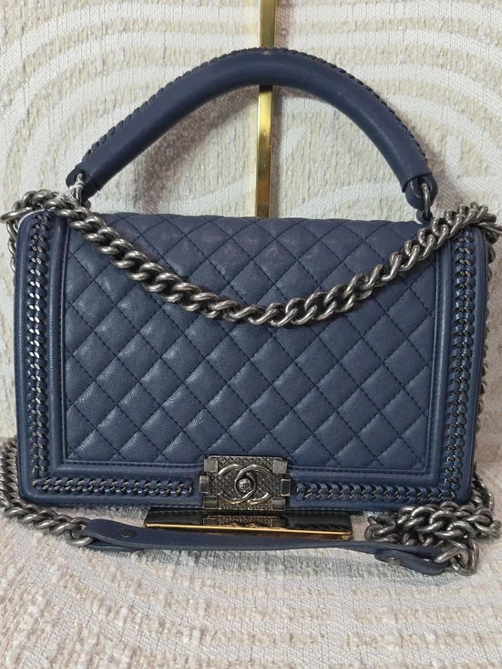 Chanel Boy Large Quilted Navy Leather Chain Top-Handle Shoulder Bag