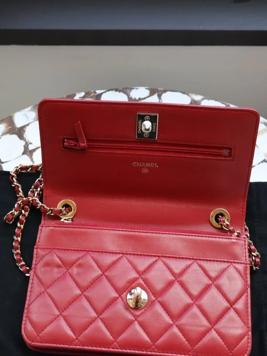 CHANEL Crossbody, Red Quilted Lambskin with Gold-Tone Chain, Vintage/Rare