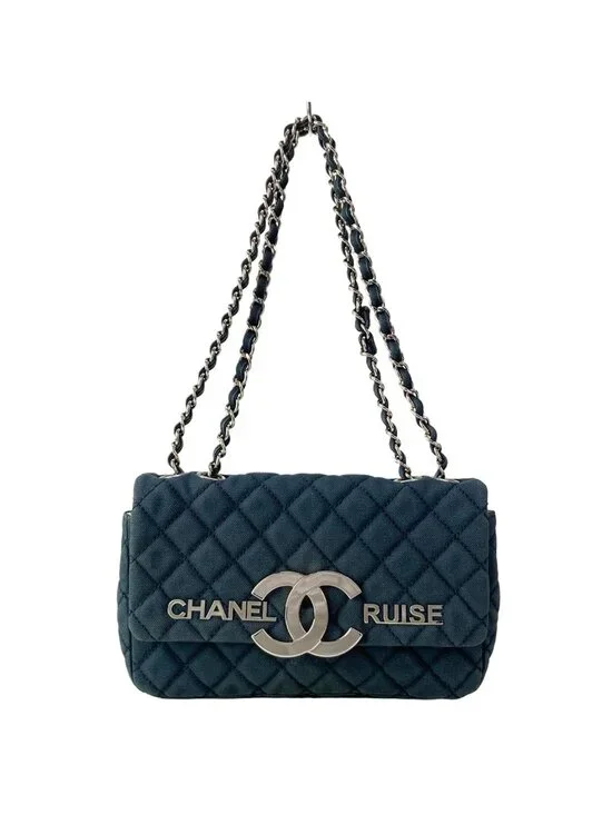 Chanel Shoulder Bag Single Flap Quilted Navy Chain Silver Cruise Line