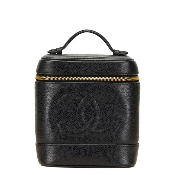CHANEL Black Caviar Leather Logo Pouch