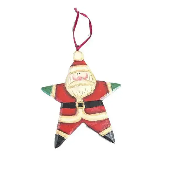 Hand Carved Wooden Folk Art Star Santa Claus Christmas Ornament 6”x5”