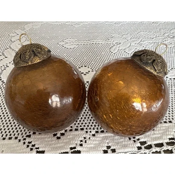 Kugel‎ Lot of 2 Amber Yellow Crackle Glass Ball Ornaments 3