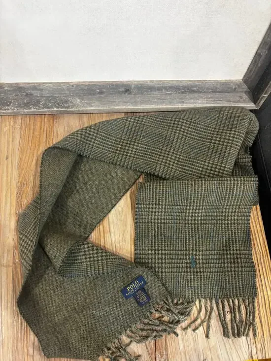 Polo Ralph Lauren Virgin Wool Plaid Scarf Made in Italy Brown Fringe