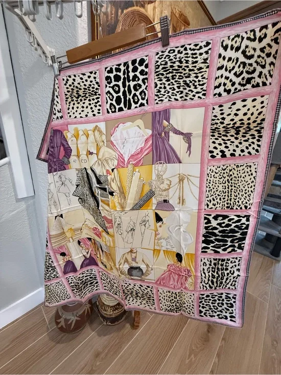 Like new! Vintage Dior Pink, Cream & Black Fashion Print Silk Scarf