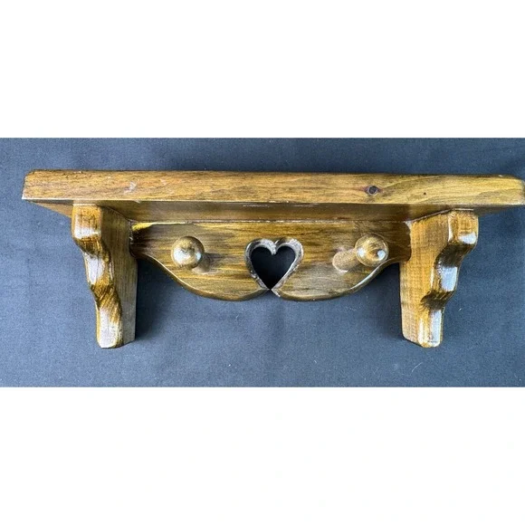 VTG Brown Stained Wooden Wall Shelf Hand Crafted Heart Cutout 2 Pegs