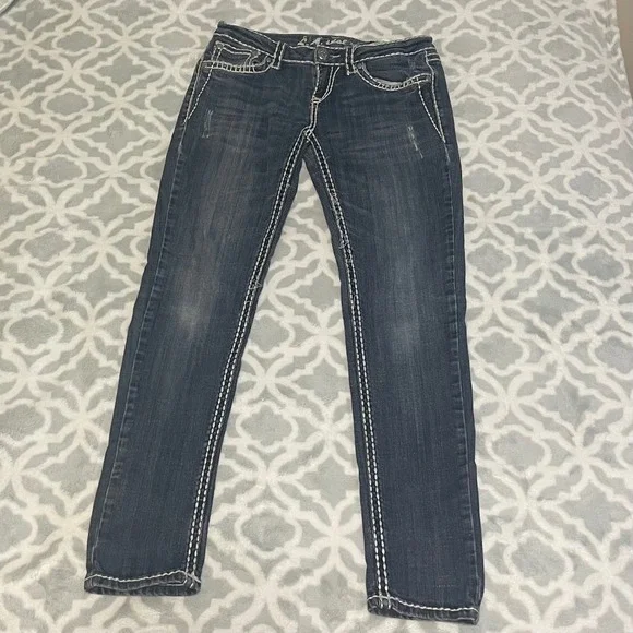 LA‎ Idol USA Embellished Jeans Dark Wash Women's Size 7 White Stitch