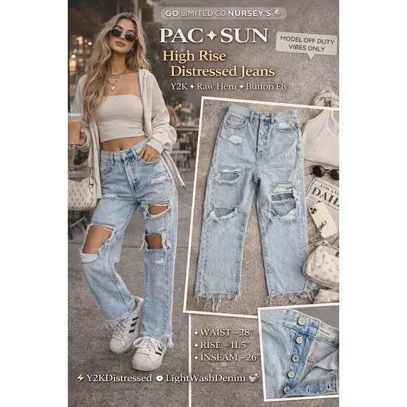 PacSun High Rise Distressed Jeans Light Wash Raw Hem Button Fly 28