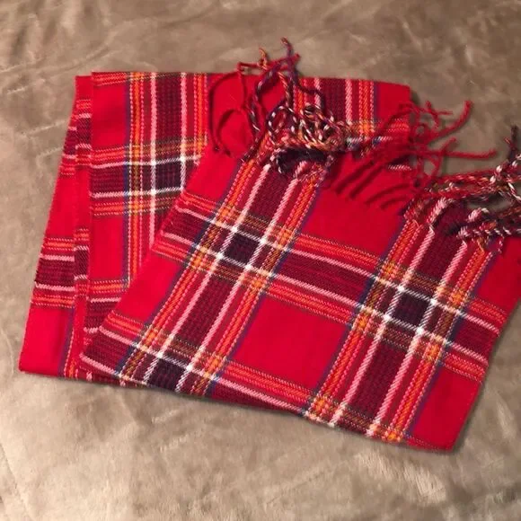 Unisex Red Multicolored Plaid Tasseled Scarf
