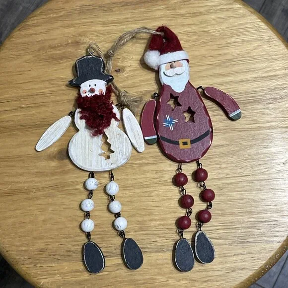 Christmas Ornament‎ Santa with Hat And Snowman Beaded Legs Set Of 2 Wooden