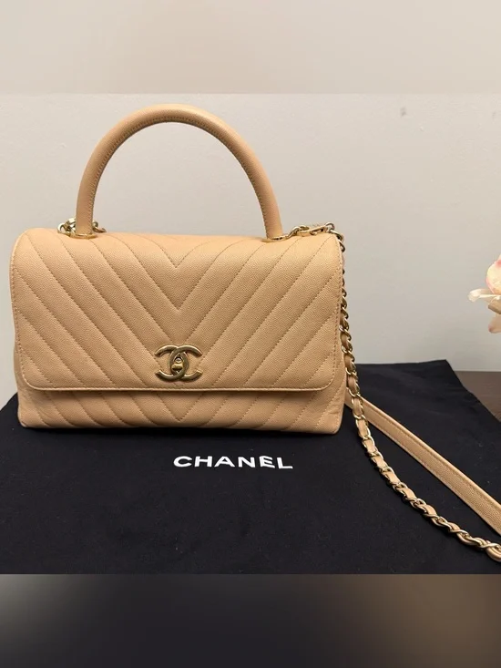 CHANEL Chevron Quilted Top Handle Flap Bag in Beige Camel Medium
