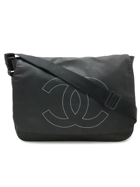 Chanel Sports Line CC Logo Messenger Bag Crossbody Rubber Coating Black