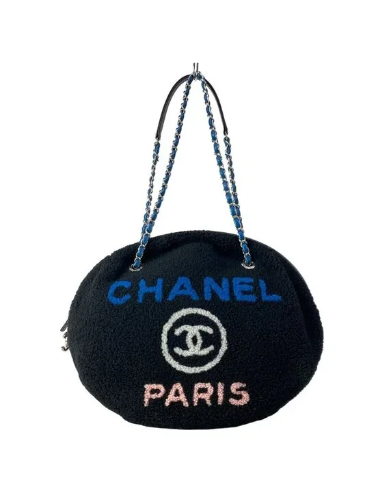 Chanel Shoulder Bag Deauville Line Black Blue Pink Chain Silver Leather