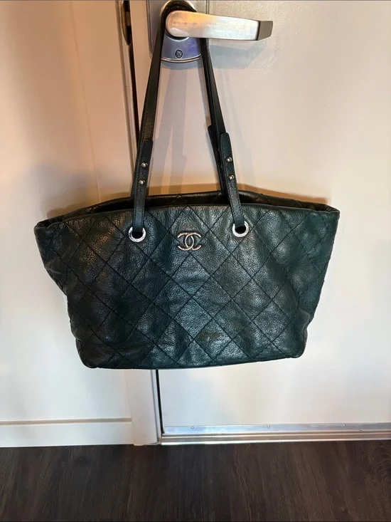Authentic CHANEL Quilted Leather Tote in Deep Green with Silver Hardware