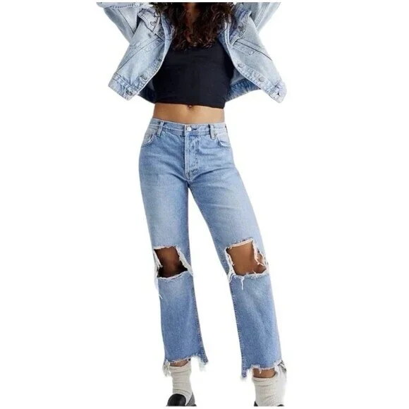 Free People We the Free Maggie Straight Leg Distressed Jeans Women 25 Button Fly