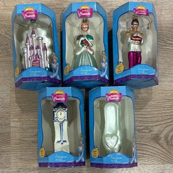 Disney Cinderella European Glass‎ Ornament Set Santa's Best 2000 NIB