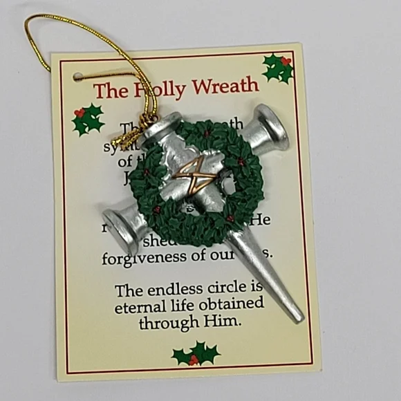 Vintage The Holly Wreath Cross Of‎ Nails Jesus Ornament Card Gift Present Resin