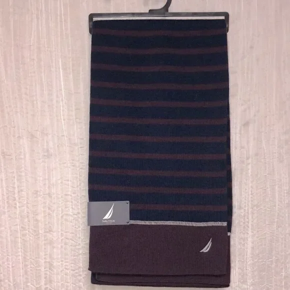 Nautica Burgundy Navy Wool Blend Striped Knit Scarf