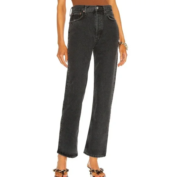 AGOLDE Los Angeles 90s Pinch Waist High Rise Distressed Jeans 25 Black Wash