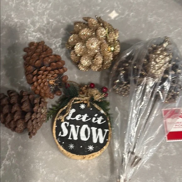 Festive Pinecone and Wooden Let it Snow Ornament Set - Gold Black White Brown