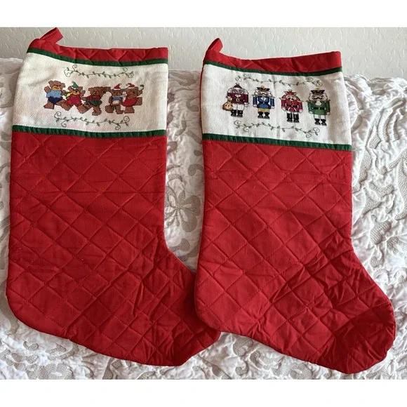Set Of 2  VTG   hand made Needlework‎ Christmas Stockings bears and soldiers