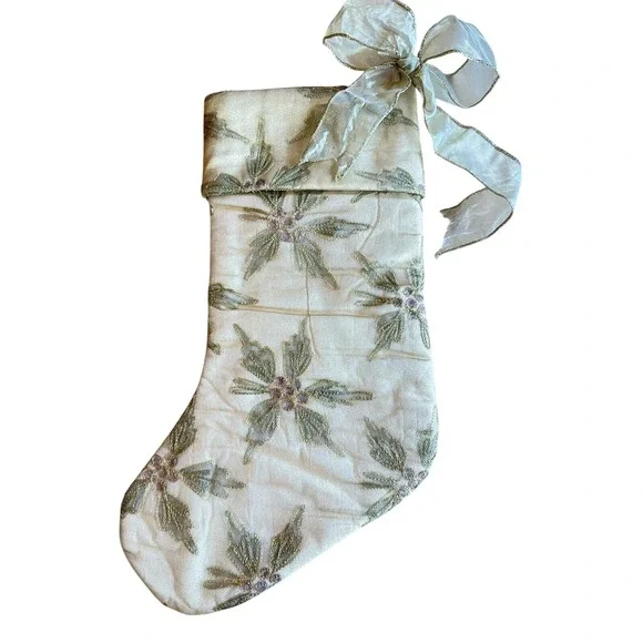 Vintage Jabara Christmas‎ Stocking Gold Holly Leaf And Berries