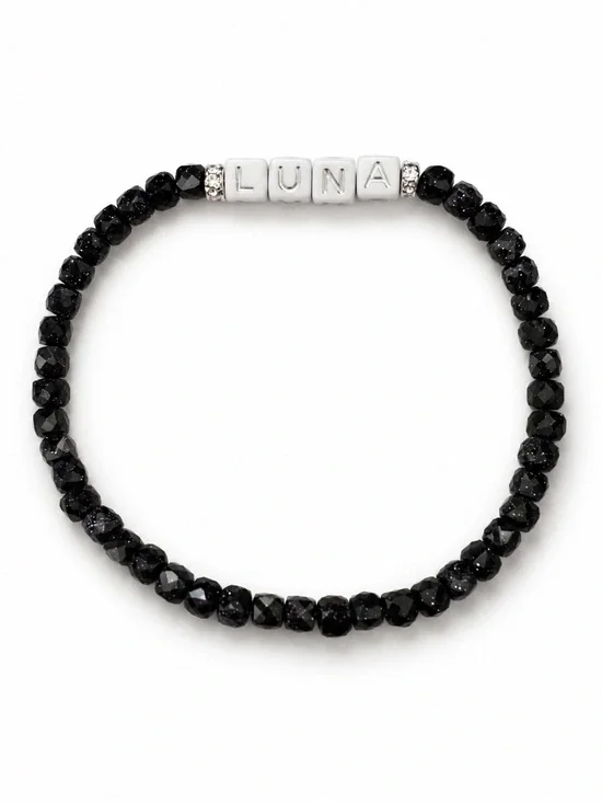 Luna Black Sparkle Beaded Cat Collar – Personalized Pet Accessory 9”