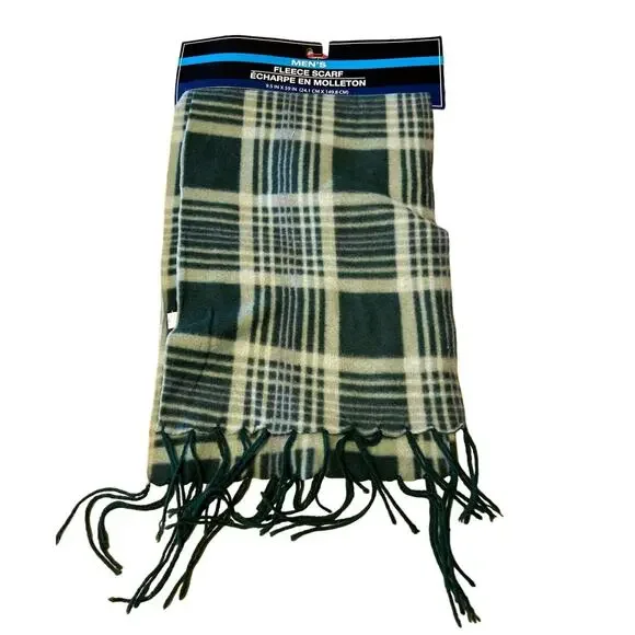 NWT Men's Green Plaid Fleece Fringed Scarf