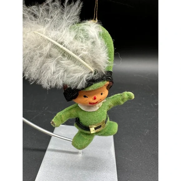 Vintage Circus Christmas Ornament Flocked Green Suit Figure with Feather‎ Hat