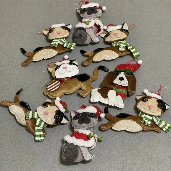 Cat Dog Christmas Ornaments 3D Felt Textured Embellished Stuffed‎ Multicolor 8