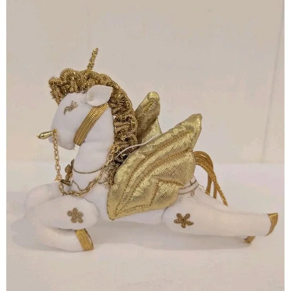 Flying Unicorn Pegasus Christmas Ornament Plush White Gold 6
