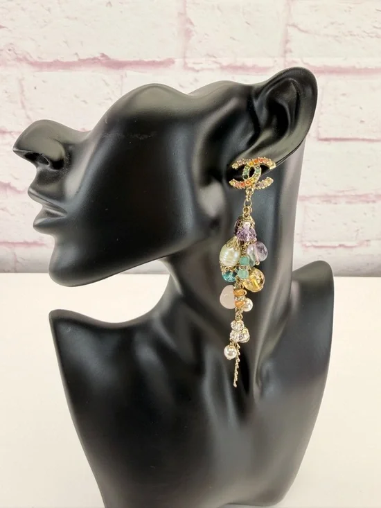 CHANEL Rainbow Strass Multi Stone Gold-Tone CC Drop Dangle Earrings