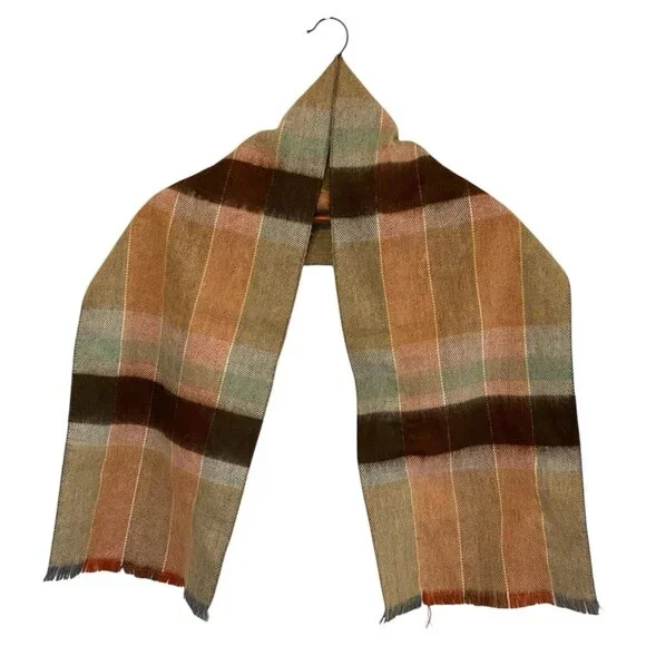 Brown Tan Beige Acrylic Plaid Scarf Rectangular 51